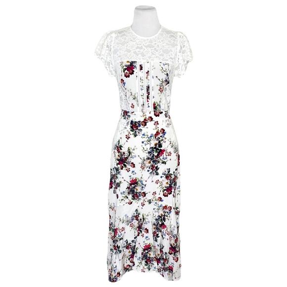 Marissa Webb Imani Floral Print Silk Lace Cutout Midi Dress White Size XS - Picture 2 of 7